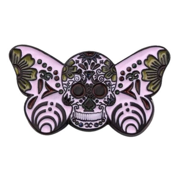 Pink Butterfly Moth Floral Sugar Skull Enamel Pin Brooch Spooky Goth - Picture 6 of 6